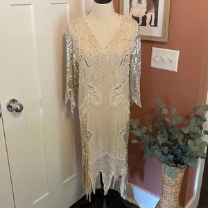 Vintage 1920’s inspired beaded & sequins VNeck silver/cream S silk & rayon dress